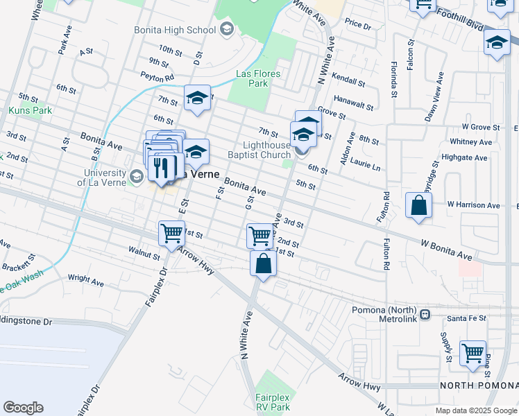 map of restaurants, bars, coffee shops, grocery stores, and more near 2433 3rd Street in La Verne