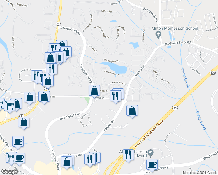 map of restaurants, bars, coffee shops, grocery stores, and more near Ayala Place in Milton