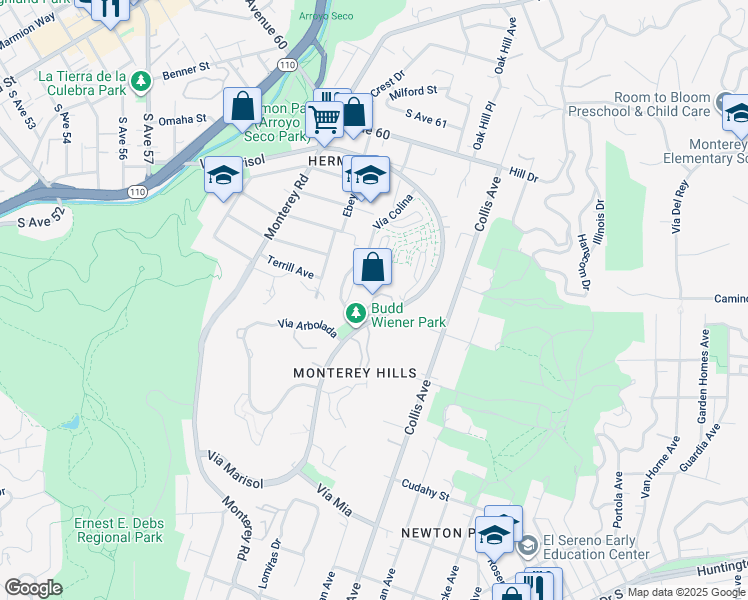 map of restaurants, bars, coffee shops, grocery stores, and more near 4499 Via Marisol in Los Angeles