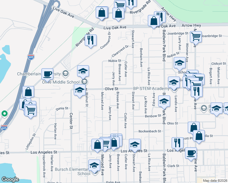 map of restaurants, bars, coffee shops, grocery stores, and more near 13842 Olive Street in Baldwin Park