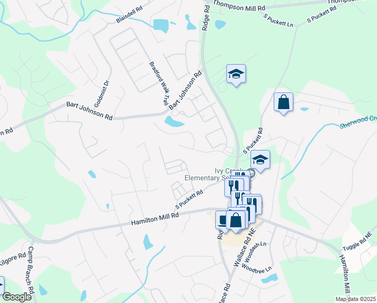 map of restaurants, bars, coffee shops, grocery stores, and more near 3285 Pebble Ridge Lane in Buford