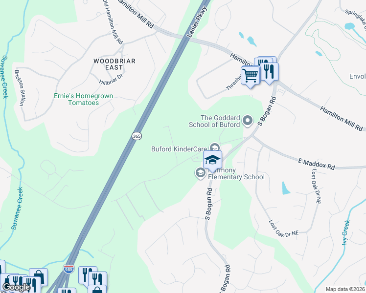 map of restaurants, bars, coffee shops, grocery stores, and more near 2358 East Maddox Road in Buford