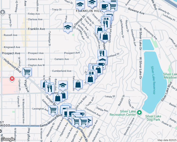 map of restaurants, bars, coffee shops, grocery stores, and more near 2020 Mayview Drive in Los Angeles