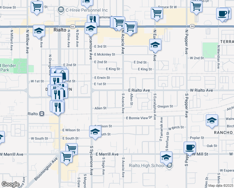 map of restaurants, bars, coffee shops, grocery stores, and more near 109 South Joyce Avenue in Rialto