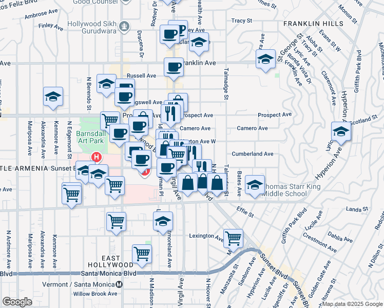 map of restaurants, bars, coffee shops, grocery stores, and more near 1532 Rosalia Road in Los Angeles