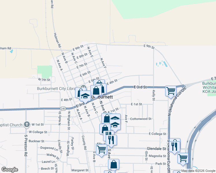 map of restaurants, bars, coffee shops, grocery stores, and more near 509 East 4th Street in Burkburnett
