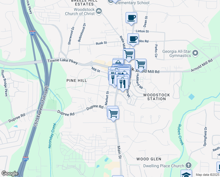 map of restaurants, bars, coffee shops, grocery stores, and more near 8720 Main Street in Woodstock