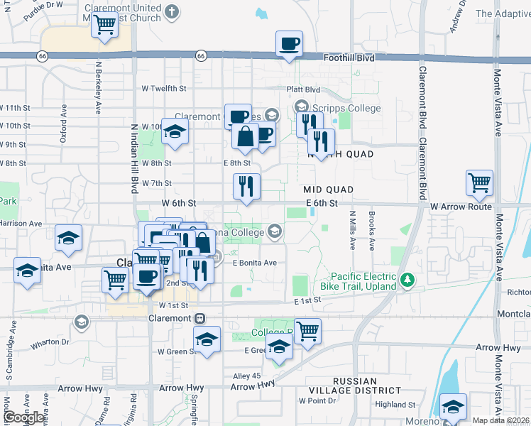map of restaurants, bars, coffee shops, grocery stores, and more near 550 North College Way in Claremont