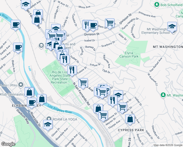 map of restaurants, bars, coffee shops, grocery stores, and more near 1585 Isabel Street in Los Angeles