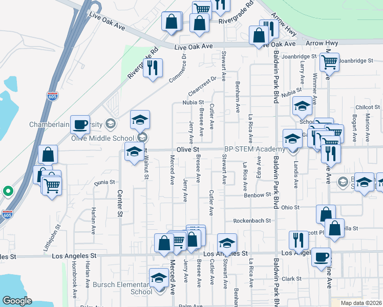map of restaurants, bars, coffee shops, grocery stores, and more near 13842 Olive Street in Baldwin Park