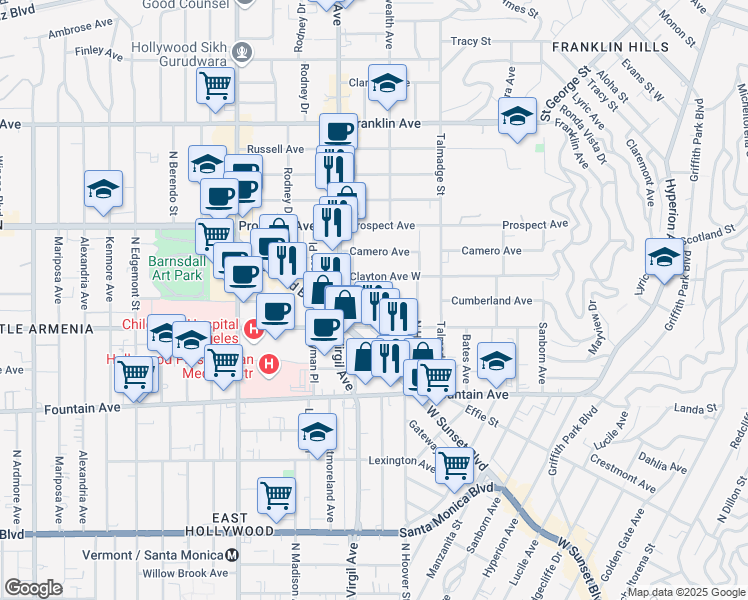 map of restaurants, bars, coffee shops, grocery stores, and more near 1532 Rosalia Road in Los Angeles