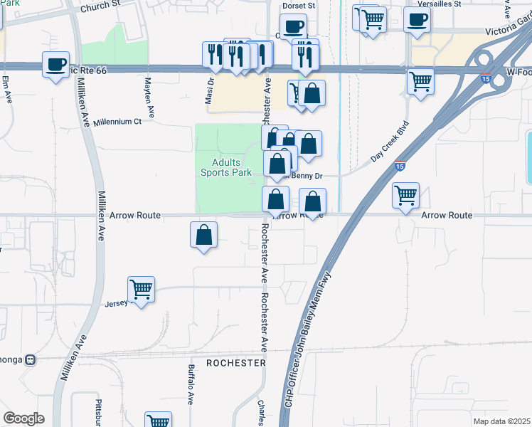 map of restaurants, bars, coffee shops, grocery stores, and more near 11900 Arrow Route in Rancho Cucamonga