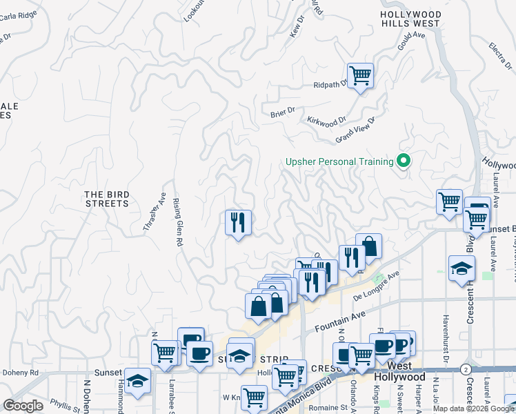 map of restaurants, bars, coffee shops, grocery stores, and more near 8650 Franklin Avenue in Los Angeles