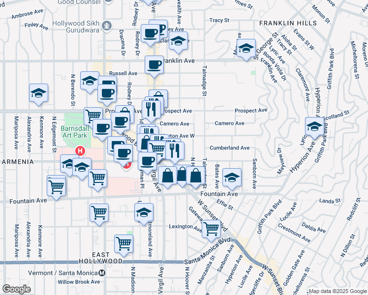 map of restaurants, bars, coffee shops, grocery stores, and more near 1547 North Commonwealth Avenue in Los Angeles
