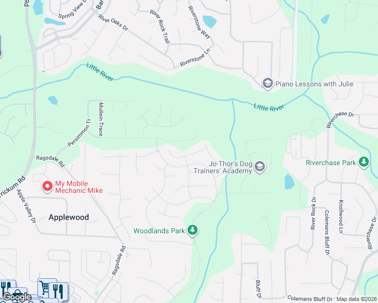 map of restaurants, bars, coffee shops, grocery stores, and more near 150 Susobell Place in Woodstock
