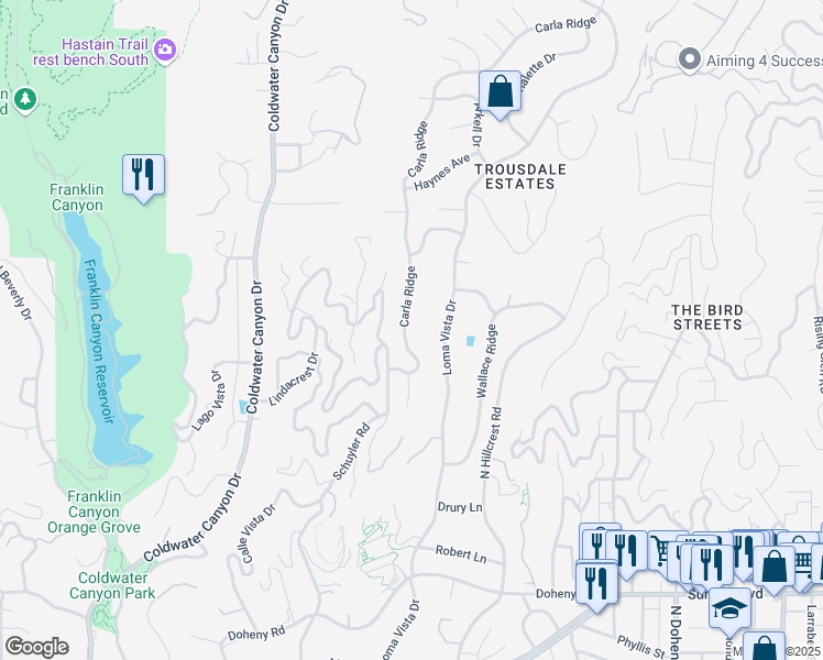 map of restaurants, bars, coffee shops, grocery stores, and more near 1474 Carla Ridge in Beverly Hills