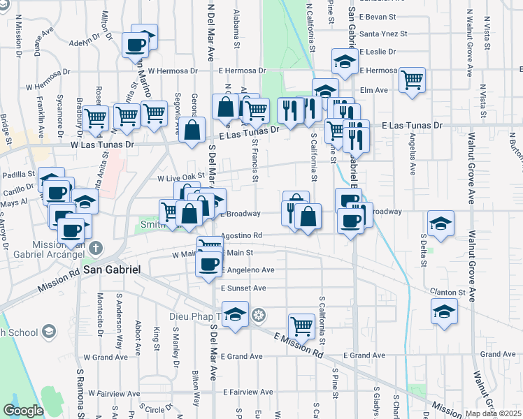 map of restaurants, bars, coffee shops, grocery stores, and more near 248 Saint Francis Street in San Gabriel