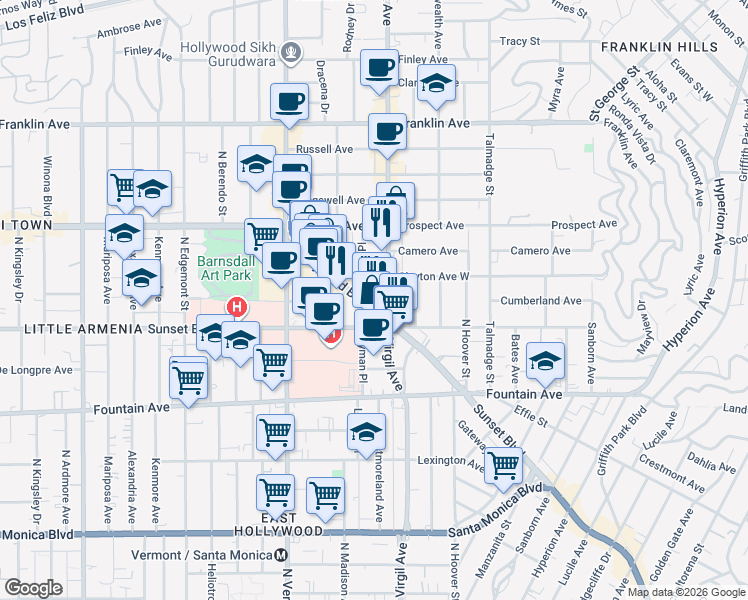 map of restaurants, bars, coffee shops, grocery stores, and more near 4561 Hollywood Boulevard in Los Angeles