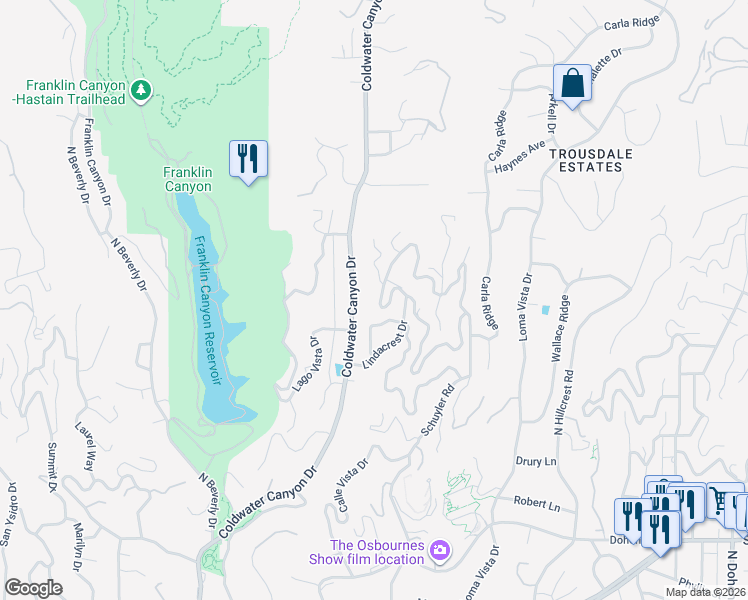 map of restaurants, bars, coffee shops, grocery stores, and more near 1583 Lindacrest Drive in Beverly Hills
