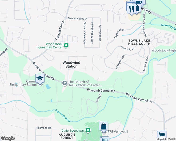 map of restaurants, bars, coffee shops, grocery stores, and more near 504 Wood Crest Court in Woodstock