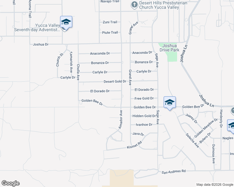 map of restaurants, bars, coffee shops, grocery stores, and more near 56645 El Dorado Drive in Yucca Valley