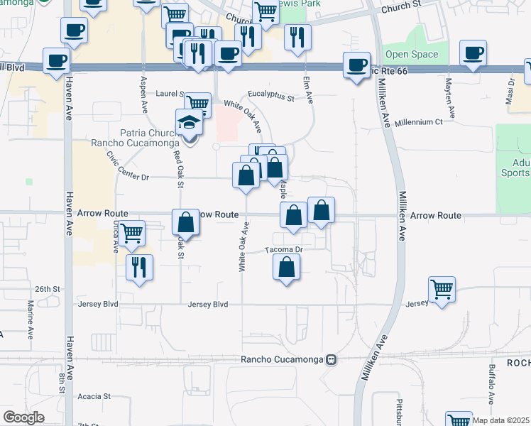 map of restaurants, bars, coffee shops, grocery stores, and more near in Rancho Cucamonga