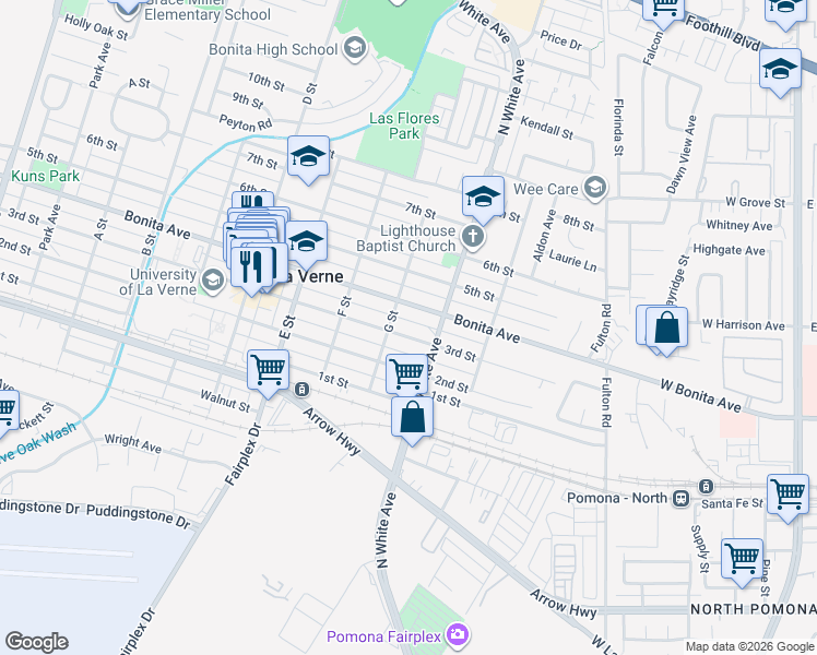 map of restaurants, bars, coffee shops, grocery stores, and more near 2433 3rd Street in La Verne