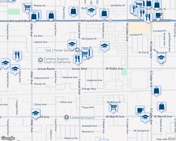 map of restaurants, bars, coffee shops, grocery stores, and more near 18193 Arrow Boulevard in Fontana