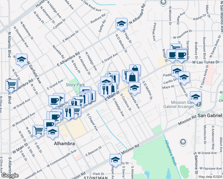 map of restaurants, bars, coffee shops, grocery stores, and more near 701 East Main Street in Alhambra