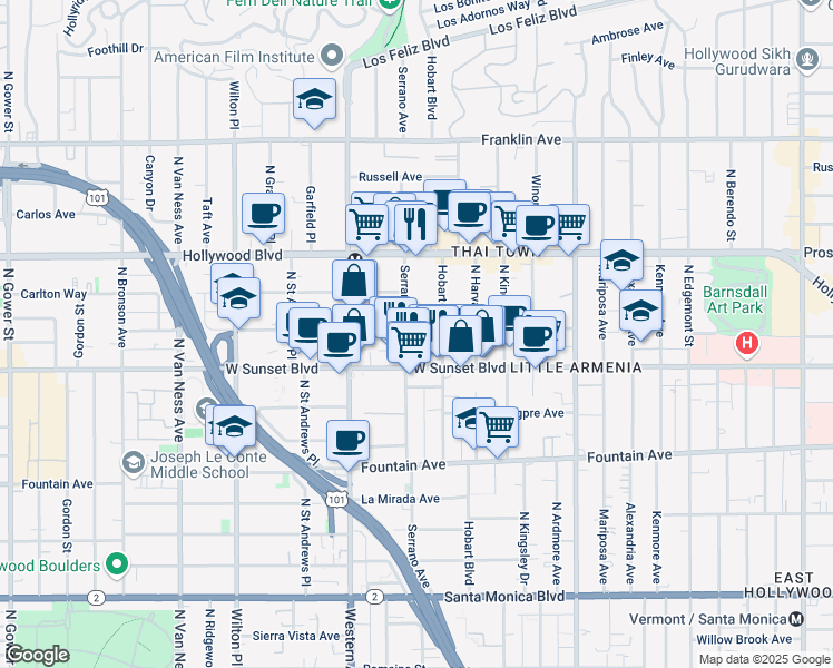 map of restaurants, bars, coffee shops, grocery stores, and more near 1545 North Hobart Boulevard in Los Angeles