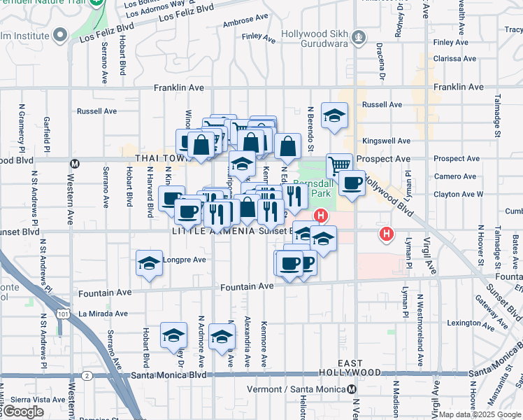 map of restaurants, bars, coffee shops, grocery stores, and more near 1535 North Kenmore Avenue in Los Angeles