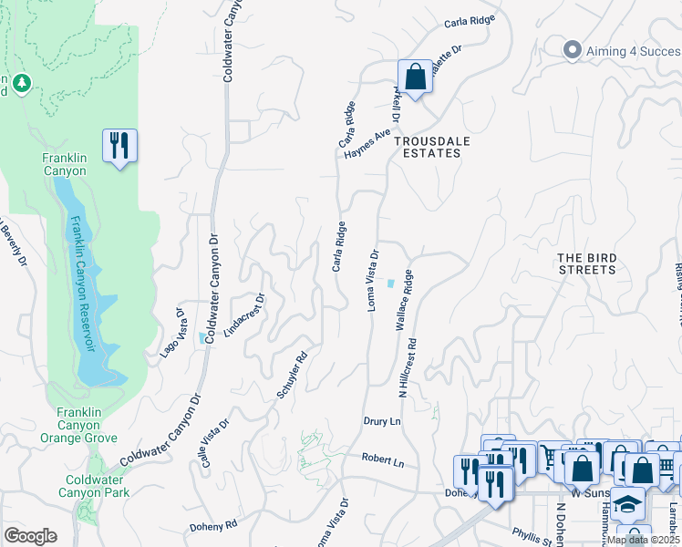 map of restaurants, bars, coffee shops, grocery stores, and more near 1474 Carla Ridge in Beverly Hills