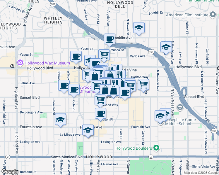 map of restaurants, bars, coffee shops, grocery stores, and more near 1546 Argyle Avenue in Los Angeles