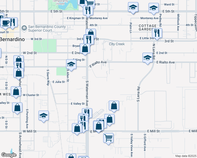 map of restaurants, bars, coffee shops, grocery stores, and more near 380 San Felipe Road in San Bernardino