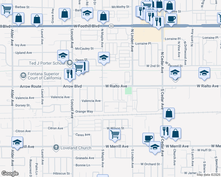 map of restaurants, bars, coffee shops, grocery stores, and more near 1624 West Rialto Avenue in Rialto