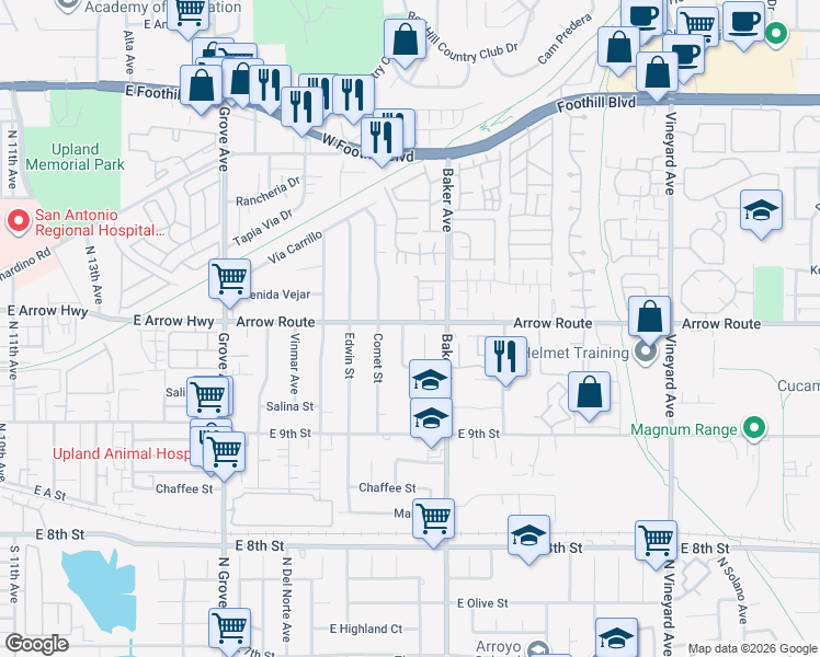 map of restaurants, bars, coffee shops, grocery stores, and more near 8480 Carson Pl in Rancho Cucamonga