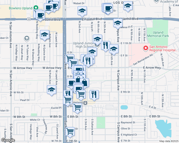 map of restaurants, bars, coffee shops, grocery stores, and more near 338 East Arrow Highway in Upland