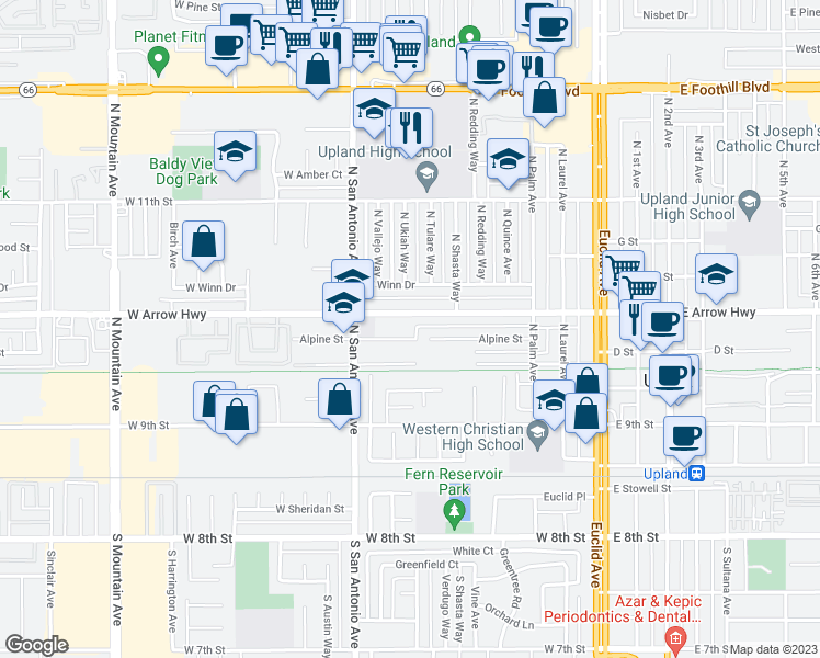 map of restaurants, bars, coffee shops, grocery stores, and more near 628 West Arrow Highway in Upland