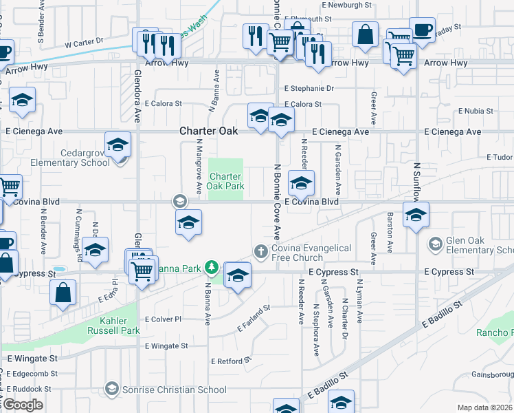 map of restaurants, bars, coffee shops, grocery stores, and more near 4804 North Darfield Avenue in Covina