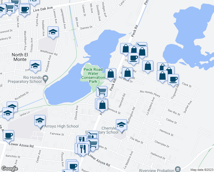 map of restaurants, bars, coffee shops, grocery stores, and more near 5345 Peck Road in El Monte