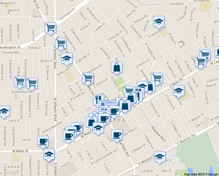 map of restaurants, bars, coffee shops, grocery stores, and more near 316 North Monterey Street in Alhambra