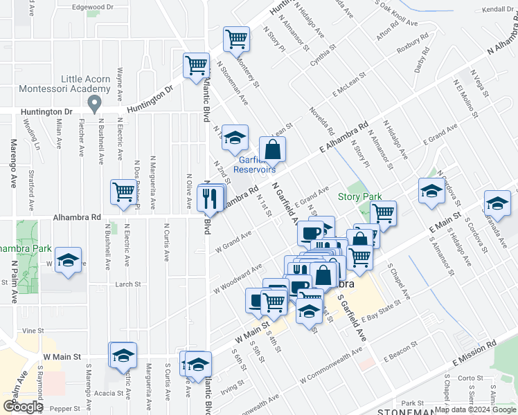 map of restaurants, bars, coffee shops, grocery stores, and more near 422 North 1st Street in Alhambra