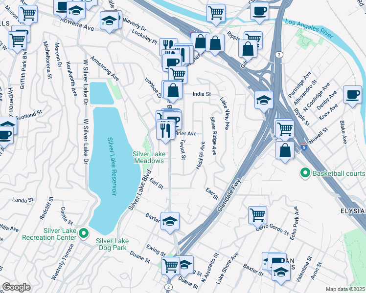 map of restaurants, bars, coffee shops, grocery stores, and more near 2377 Teviot Street in Los Angeles