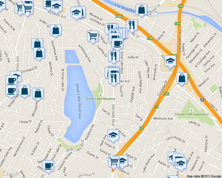map of restaurants, bars, coffee shops, grocery stores, and more near 2376 Edgewater Terrace in Los Angeles