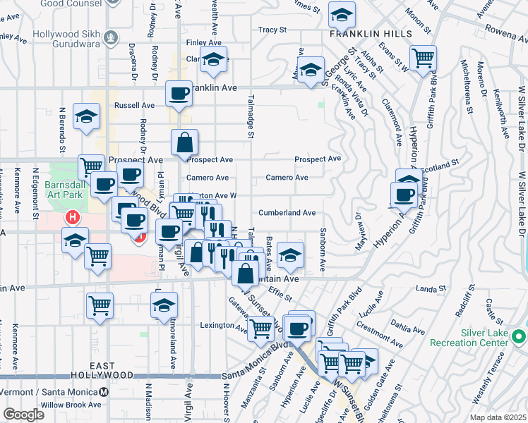 map of restaurants, bars, coffee shops, grocery stores, and more near 4217 Cumberland Avenue in Los Angeles