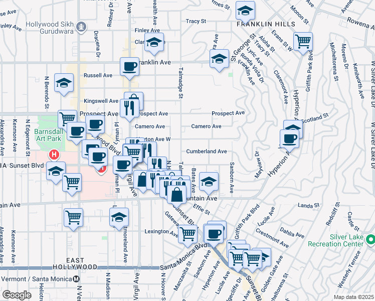 map of restaurants, bars, coffee shops, grocery stores, and more near 4217 Cumberland Avenue in Los Angeles