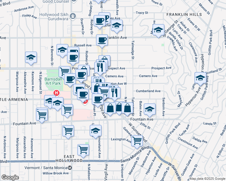 map of restaurants, bars, coffee shops, grocery stores, and more near 1547 North Commonwealth Avenue in Los Angeles