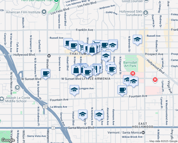 map of restaurants, bars, coffee shops, grocery stores, and more near 1546 Winona Boulevard in Los Angeles