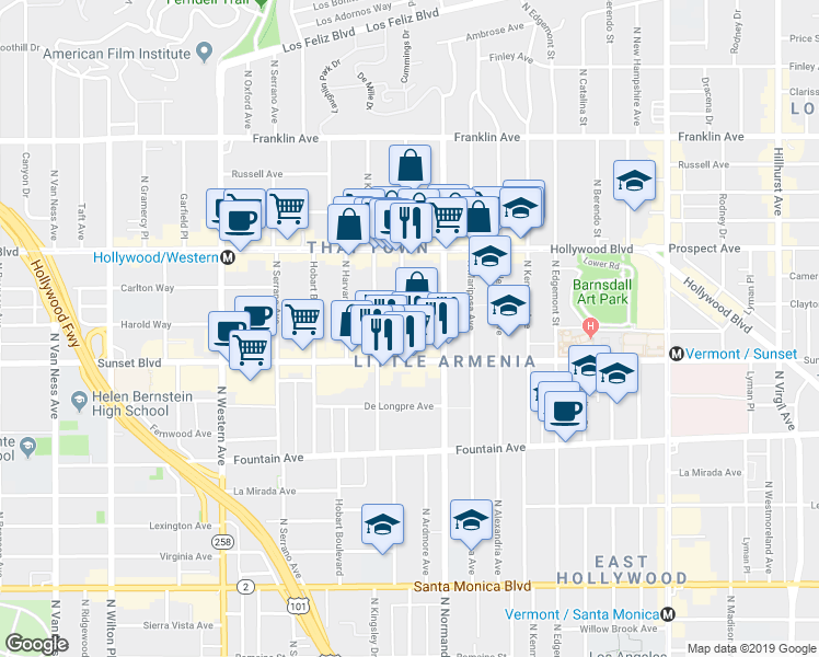 map of restaurants, bars, coffee shops, grocery stores, and more near 1546 Winona Boulevard in Los Angeles