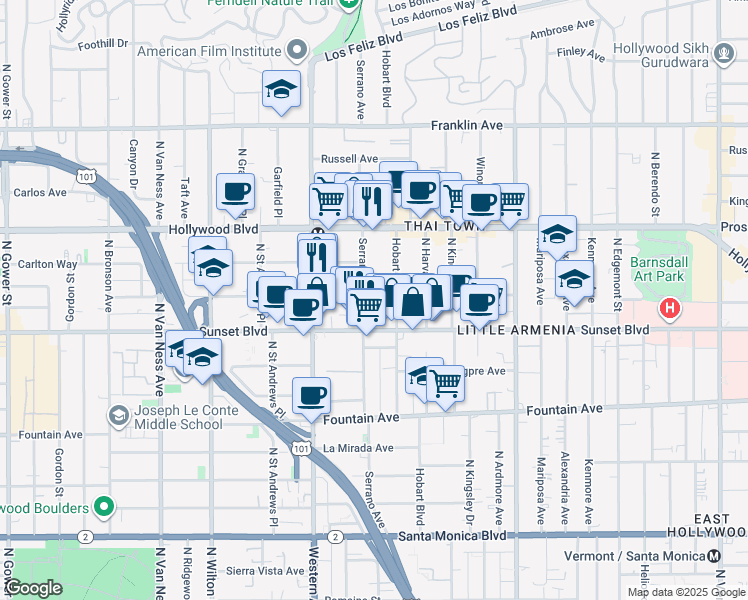 map of restaurants, bars, coffee shops, grocery stores, and more near 1545 North Hobart Boulevard in Los Angeles